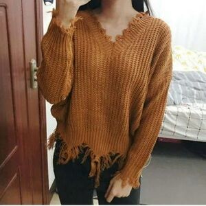 NWOT Burnt Orange Drop Shoulder Slouchy fringe sweater Faux Distress My Eco Tot